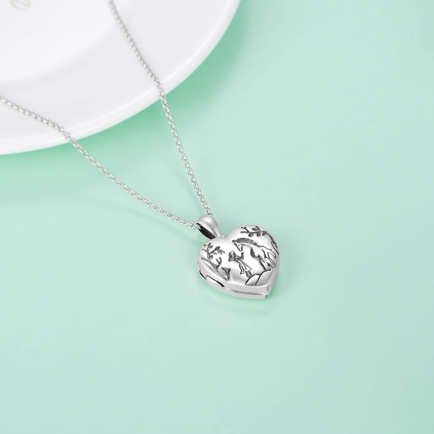 LONAGO 925 Sterling Silber Personalisiertes Foto Medaillon das Bilder Pferd Wolf und Mädchen Herz Medaillon Anhänger Halskette Schmuck Hält