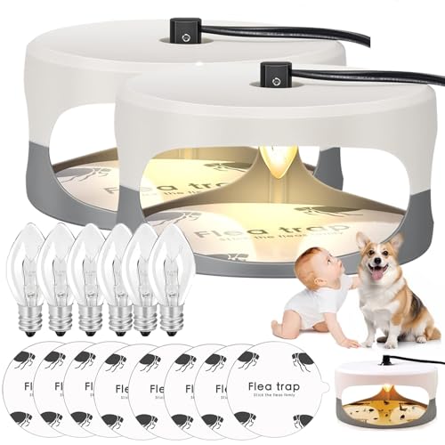 2 Pack Flea Traps for Home, Flea Light Trap with 8 Stickers and 6 LED Bulbs, Flea Lamp Traps for Home, Natural Flea Catcher Light for Bedding, Carpets