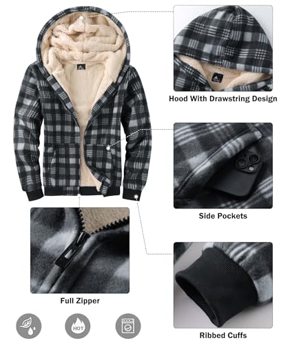 Image of Mens Plaid Hoodies Winter Zip Up Fleece Jacket Sherpa Fleece Lined Warm Flannel Jacket Coat