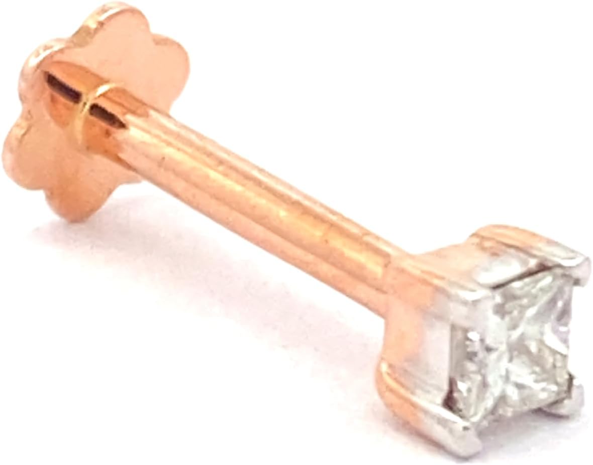 Demira Natural 2.2MM (0.07ct) Diamond in Princess Cut 14K Rose Gold Nose Ring - Lip Labret Monroe Stud, Screw Post, 8MM Long, 16 Gauge