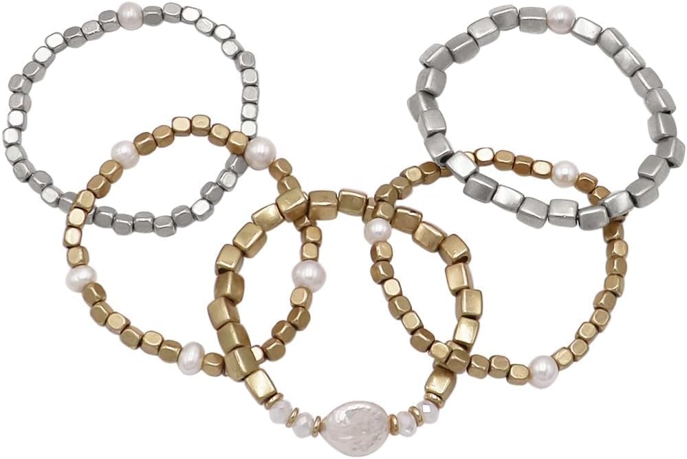 Rosemarie & Jubalee Women's Set of 5 Stacking Chunky Nugget Freshwater Pearl Beaded Stretch Bracelets, 6.5"