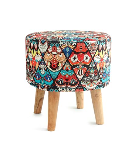 Image of NACIA Velvet Printed Ottoman Chair with Stool Combo | Dressing Table Chair for Bedroom Makeup Room Decor | Modern Upholstered Ottoman with Wooden Legs for Home (18x18x32 Inches, Multicross)