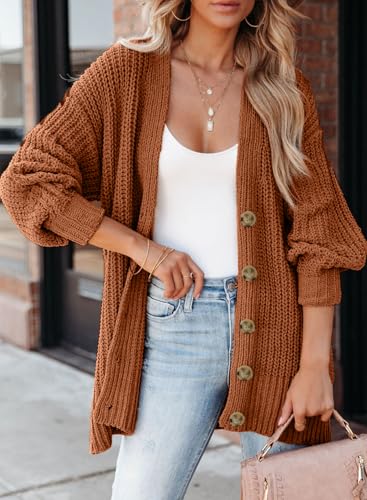 SHEWIN Womens Oversized Open Front Cardigan Sweaters Long Lantern Sleeve Button Knit Chunky Sweater Outerwear Coats2