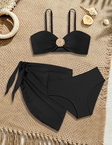 Image of Girls Swimsuit V Neck Bikini Set Color Block with Cover Up 3Pcs Bathing Suits