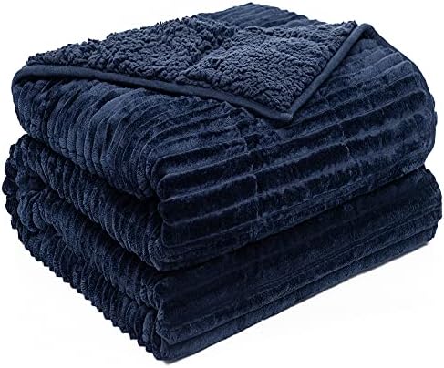 Pawque Sherpa Fleece Weighted Blanket Twin Size 48 x 72 Inches 15lbs for Adult, Fuzzy Weighted Throw with Ribbed Stripes, Dual Sided Cozy Plush Blanket with Premium Beads for Bed Sofa, Navy Blue