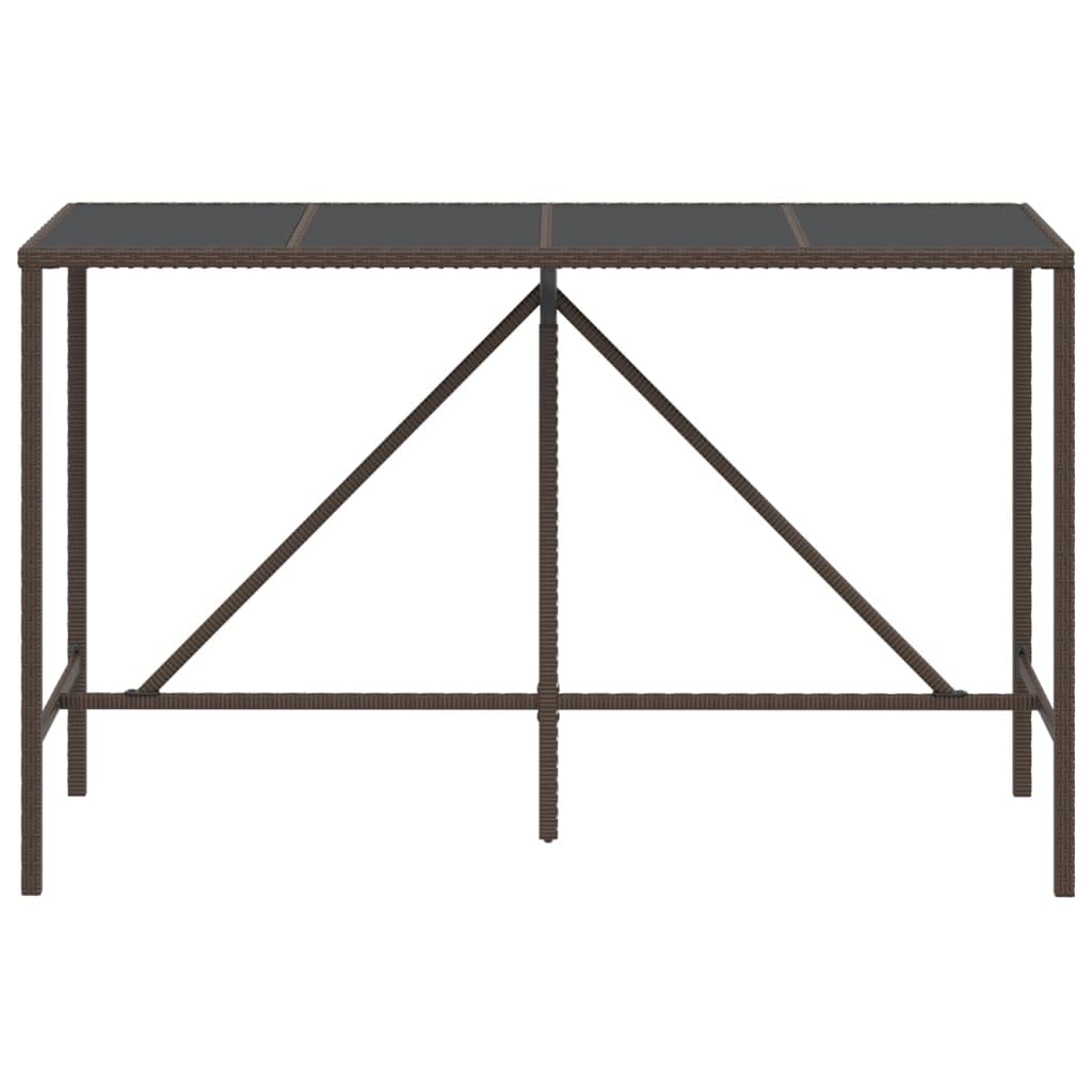 Mesa de bar con tablero de cristal marrón, 180 x 70 x 110 cm, ratán sintético, resistente a la intemperie, mesa alta con marco de acero pulverizado y placa de cristal templado para terraza
