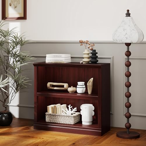 blini 2-Shelf Bookcase Wooden Bookshelves 33in Wide Floor Standing Display Storage Shelves Mahogany Bookcase for Home Office, Living Room, Bed Room