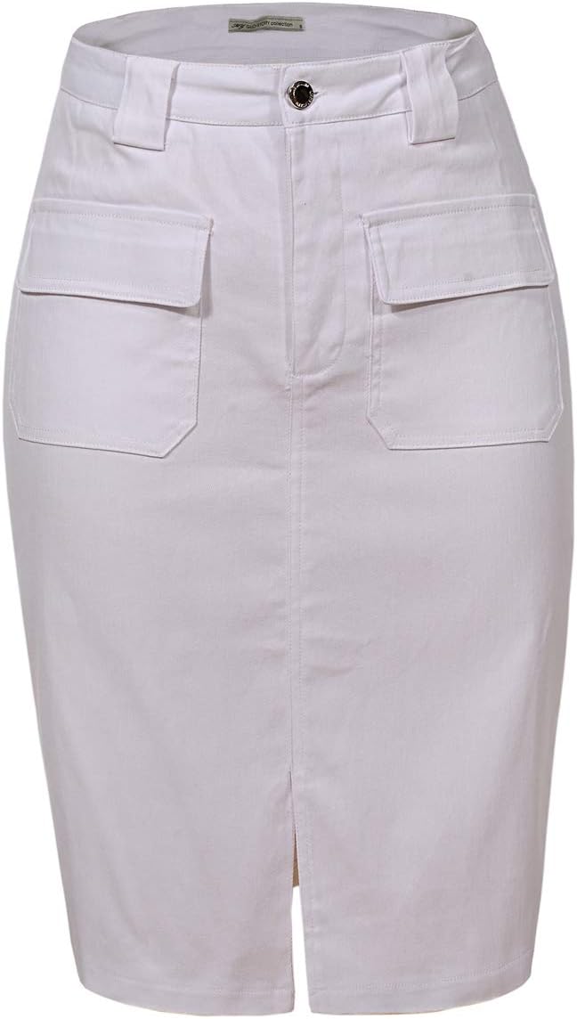 Women's Midi Knee Length Workout Cotton Pencil Skirts with Front Pockets and Slit