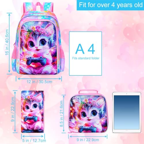 Image of CCJPX 3Pcs Cat Backpack for Girls, 16 inch Kids Sequin Bookbag with Lunch Box, Cute Water Resistant Schoolbag for Preschool Kindergarten Toddler(Pink)