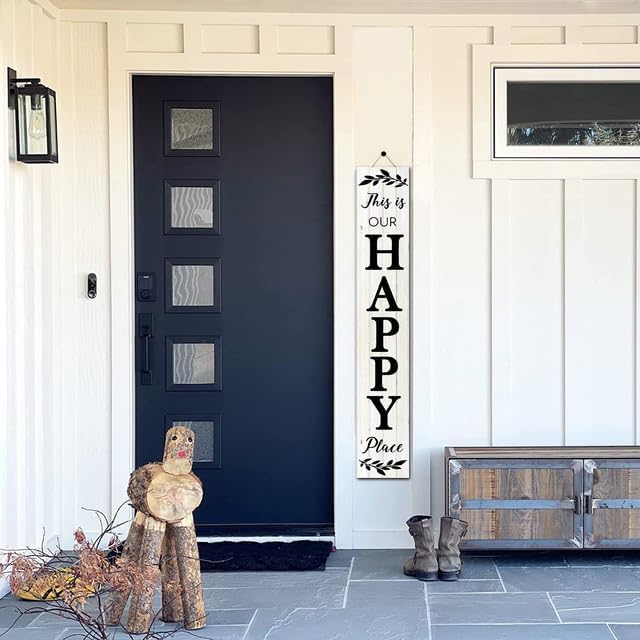 Miniatura 4 de Letrero de bienvenida de 8 x 63 pulgadas de alto para porche delantero, colgante grande de madera vertical con texto en inglés "This Is Our Happy
