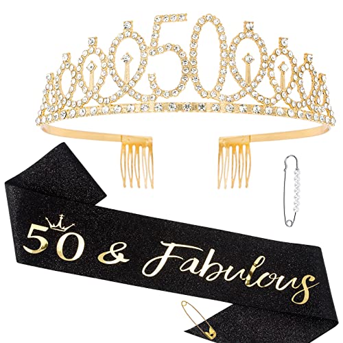 50 & Fabulous Birthday Tiara and Sash Kit- 50th Birthday Gifts for Women 50th Birthday Party Decorations (black)