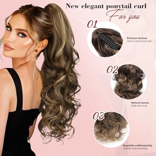 Image of 24 inch Ponytail Extension, Long Curly Wavy Claw Clip and Natural-Looking Synthetic Hairpiece, Voluminous Hair Extensions for Women Daily Wear. (Chestnut Brown with Golden, 24Inch)