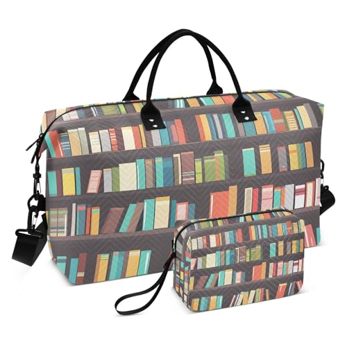 Cartoon Library Bookshelf Old Large Travel Duffle Bag Weekender Overnight Bags Gym Yoga Bag for Women Men with Toiletry Bag