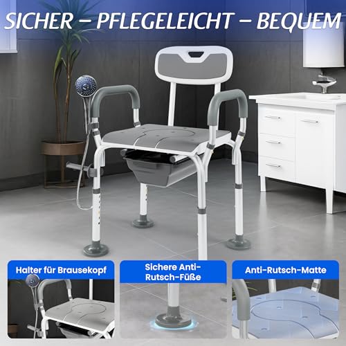 ZENTHIA 3-in-1 Toilettenstuhl, Toilettensitzerhöhung & Duschstuhl. Registriertes Medizinprodukt. Höhenverstellbar. Bis 136 kg. Rückenlehne & Armlehnen für Sicherheit. Aufstehhilfe. Entlastet Pflegende