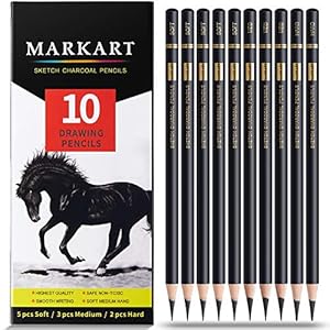 MARKART Professional Charcoal Pencils Drawing Set – 10 Pieces Soft Medium and Hard Charcoal Pencils for Drawing, Sketching, Shading
