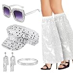 KWJEIULSOQ 5 Pcs 70s Disco Abba Accessories,Disco Fancy Dress Costume Set with Abba Sequins Hat Sunglasses Earrings Bracelet Leg Warmers Discocostume Set for Women Theme Party Birthday Hippie Costume