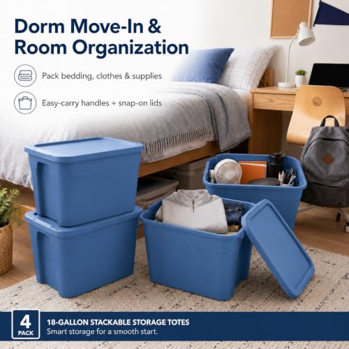 Image of 4-Pack 18Gal Stackable Storage Totes with Lids, Blue for Home & Dorm