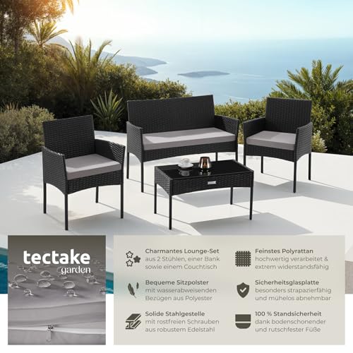 tectake® Rattan Gartenmöbel Set, Outdoor Lounge Möbel,1x Gartenbank, 2X Stuhl, 1x Balkontisch, mit Outdoor Kissen wetterfest… – Ansicht 2