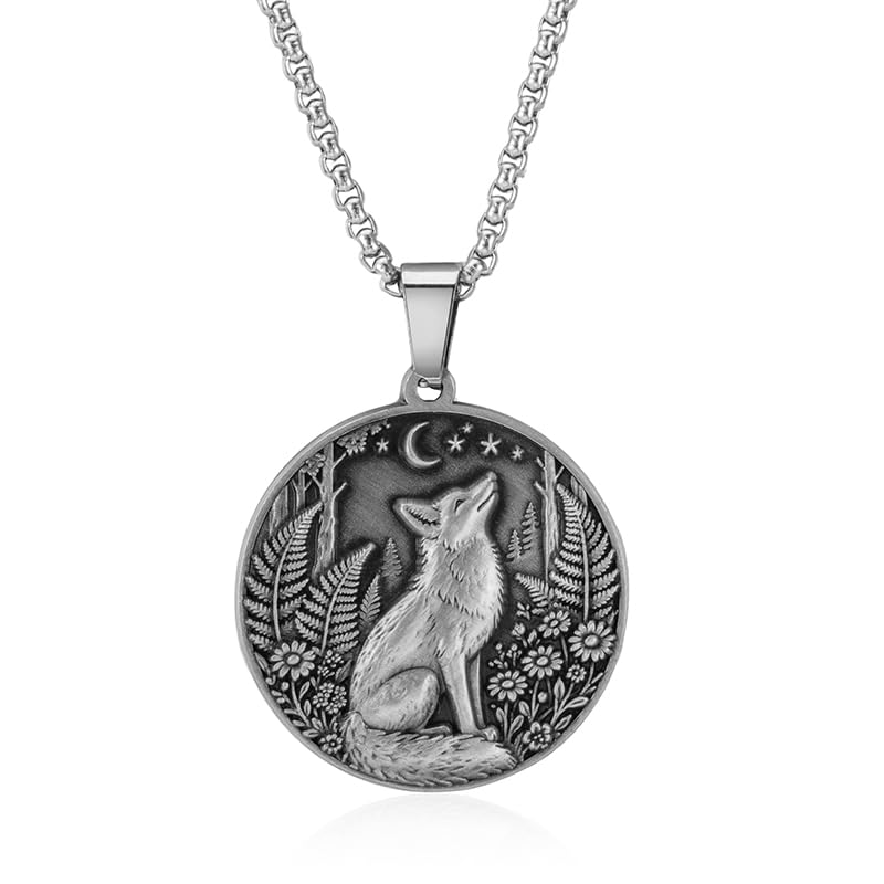 Fox Necklace Pendant for Women Men Vintage Embossed Protection Good Fortune Wisdom Floral Animal Jewelry
