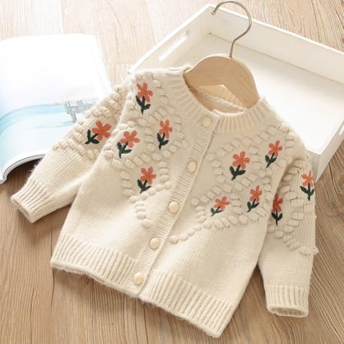 WISREMT Toddler Girls Cardigans Long Sleeve Button Down Sweaters Floral Embroidered Knit Sweater Top Knitwear Jacket 1-10T2