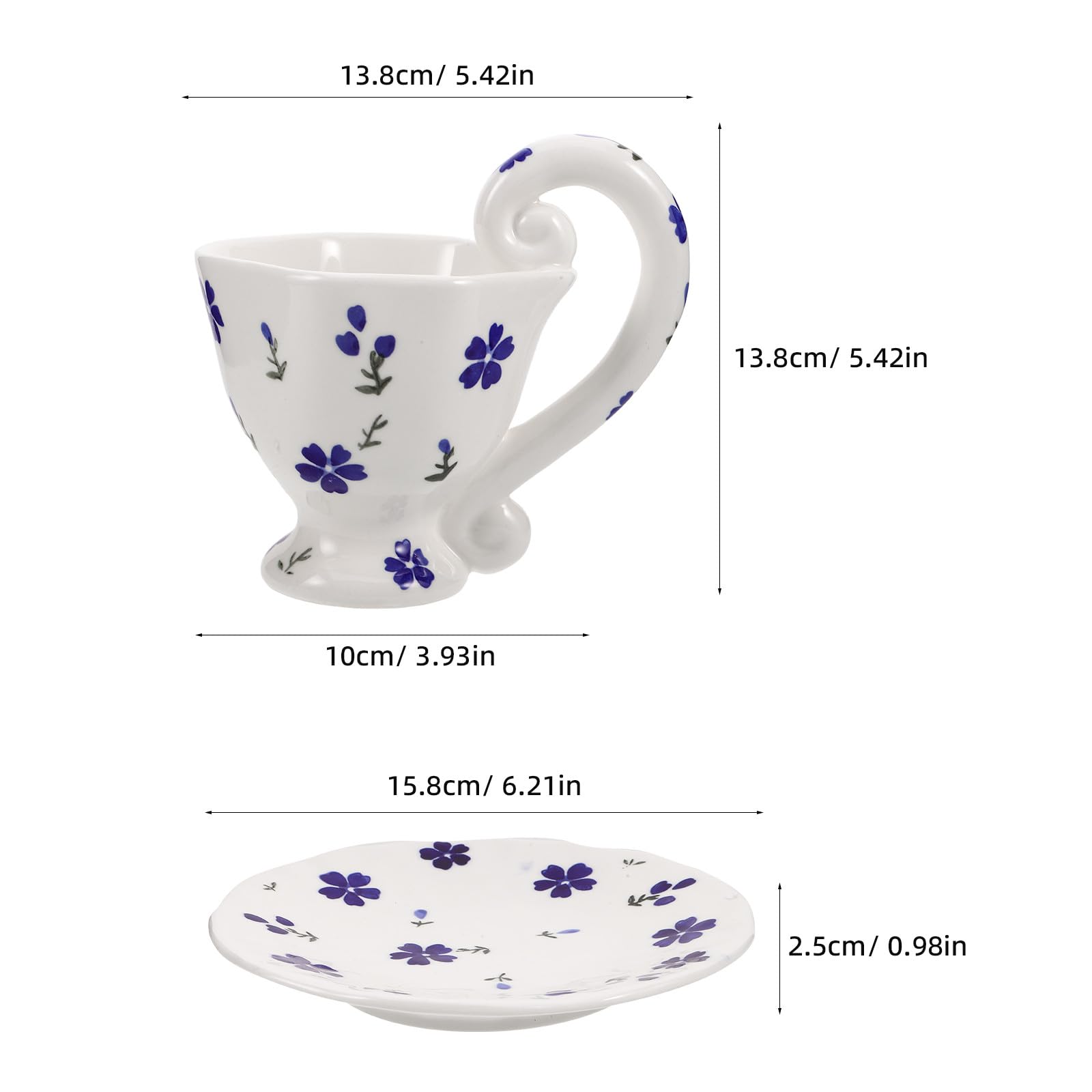 Ensemble de 1 tasse à café en céramique avec soucoupe - Tasses à expresso et soucoupe en porcelaine de 200 ml pour cappuccino et latte - Tasse à thé fleurie avec anse, bleue, idéale