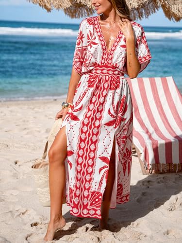 Image of CUPSHE Womens Tropical Floral Maxi Dress V Neck Short Sleeve Smocked Side Slit Dress Summer Vacation Beach Pocket Long Dress