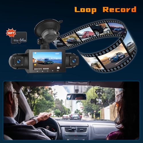 Hikity 360° Dash Cam for car, 4 Channel Front Rear Inside 1080P Camera with 64G Card, DVR Camera Car Recorder with 8 IR Night Vision, Loop Recording, G-Sensor, 24H Parking Monitor