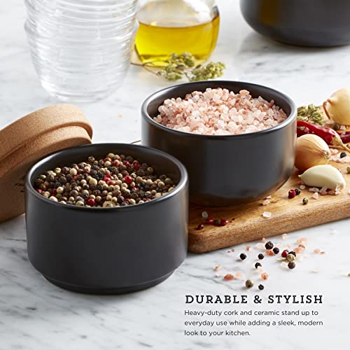 Image of Ceramic and Cork 3 Piece Stackable Salt and Pepper Cellar For Countertop Space Saving, Easy Lift Lid to Retain Freshness, Natural Cork and Black Ceramic