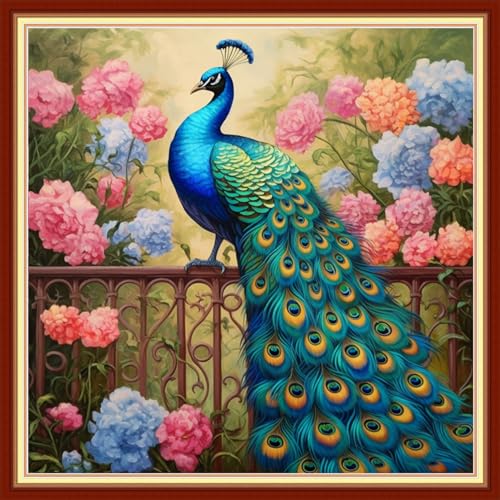 Image of Dimensean Stamped Cross Stitch Kits Full Range of Embroidery Patterns Starter Kits for Beginners Adult DIY Cross Stitches Needlepoint Kits 11CT-Flower Peacock 18x18 inch