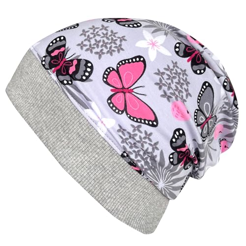 Wollhuhn ÖKO Leichte Mädchen/Jungen Beanie-Mütze Bündchen Elastisch Übergangszeit/Sommer Kinder-Mütze Baumwolle (Öko-Stoffe, Bio) 22222235 (Schmetterlinge Grau/Rosa, M)