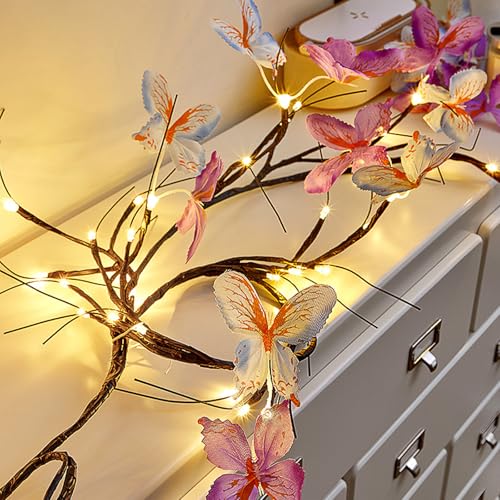 CHENBOOW Lichterkette Willow Vine,48 LED Lichterkette Schmetterling 1.6M,Willow Vine mit Fernbedienung,Weidenrebe Baum Lichter mit Schmetterling,8 Modi,für Garten Balkon Valentinstag Hochzeit Party