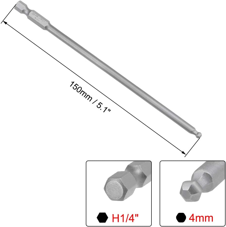 uxcell H4 (4mm) Ball End Screwdriver Bits, S2 Steel Magnetic 5.1 Inch Long Drill Bit with 1/4 Inch Hex Shank