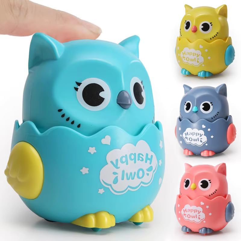 Crackles Press & Go Owl Toy for Babies & Toddlers – Cute Cartoon Push and Go Animal Car – Friction Powered Mini Toy – Multicolor – Pack of 2 2