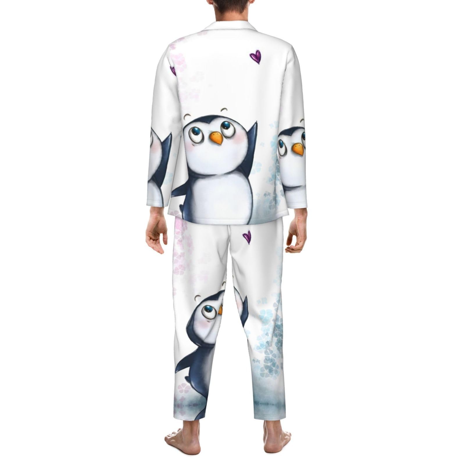 Męska piżama z nadrukiem "I Love Penguins", miękka piżama z długim rękawem dla mężczyzn zapinana na guziki bielizna nocna salon piżamy zestaw z kieszeniami