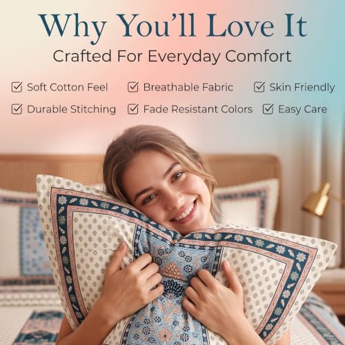 Image of BSB HOME 240 TC Cotton Feel Double Bedsheet with 2 Pillow Covers, Premium Soft Breathable Bed Sheet Set, Fade Resistant, All-Season, Easy Care, 90 x 100 Inches (228 x 254 cm) - Indigo & Warm White
