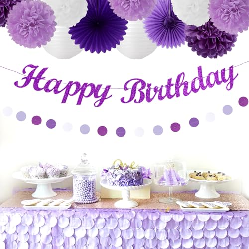 Image of Purple White Birthday Party-Decorations Paper-Flowers - 14pcs Happy Banner Lavender Lanterns Tissue Pom Poms,Lilac Streamers Garland Fans,Women Girls Adult Kids Office Hanging Supplies Decor Hugfond