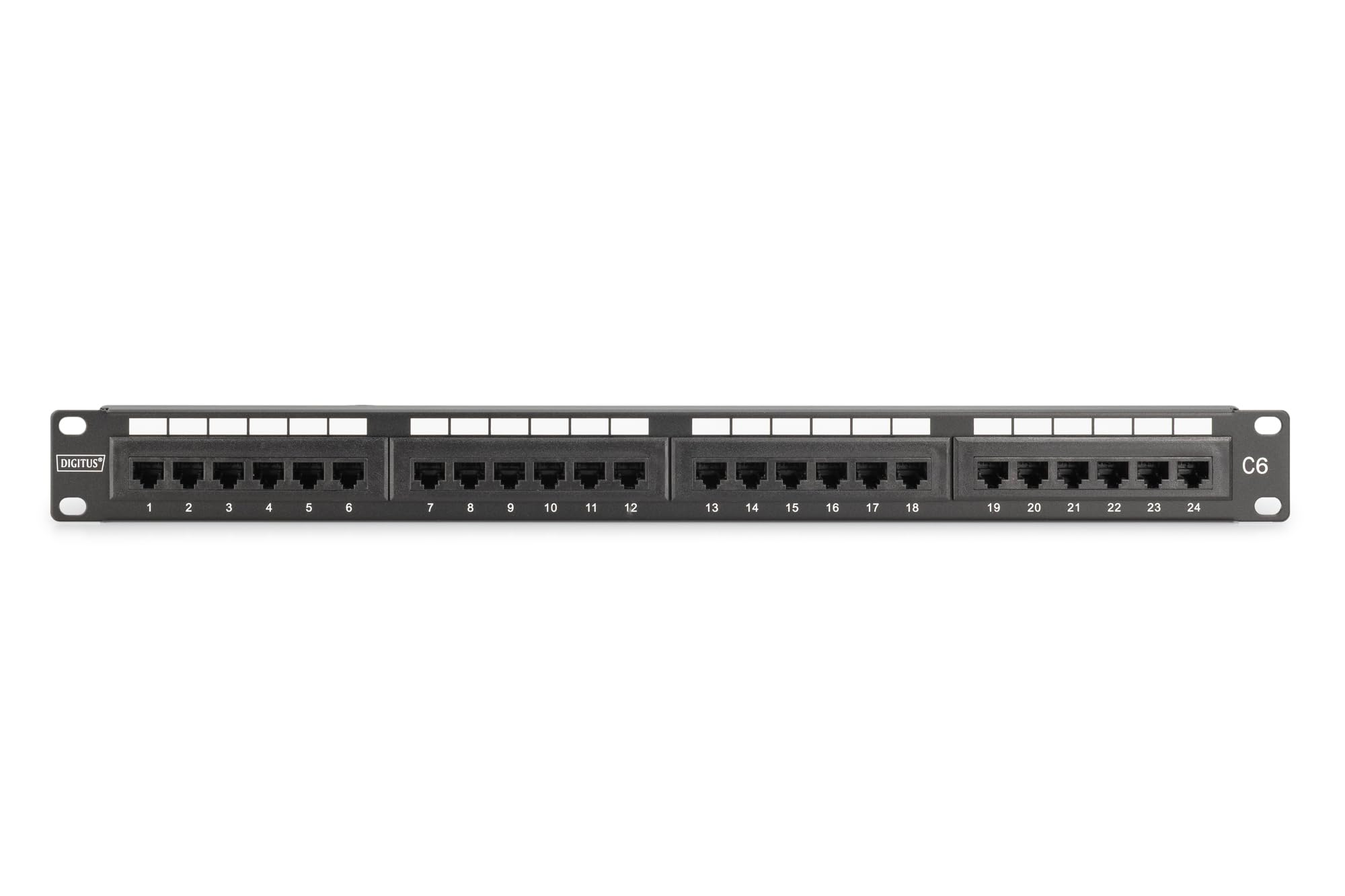 DIGITUS Patch panel da 19 pollici – CAT 6 – Patch-panel LSA – 24 porte RJ45 – Non schermato – Montaggio su rack 1 U – Nero
