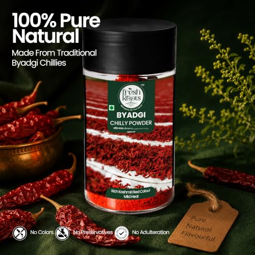 Image of Fresh Roots Naturals Byadgi Red Chilli Powder 250g | 8300 SHU | Lab Tested | single origin Byadgi Dabbi Karnataka | deep red | NABL tested | aflatoxin not detected | mild heat | no sudan dye | lal mirch