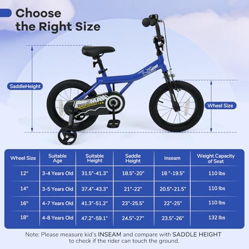 BABY JOY Kids Bike for 3-8 Years Old, 12/14/16/18-Inch Children Bicycle w/Training Wheels, Adjustable Seat, Handbrake & Coaster Brake, Reflectors and Bell, Boys Girls Bike (Navy, 14-Inch)