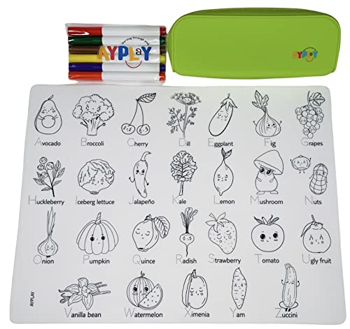AYPLAY Food Alphabet - Kids Placemat - Fruits & Veggies from A to Z - 16''x12'' Silicone Coloring Mat - Set of Washable Silicone Mat, Washable Markers, & Silicone Pouch - Educational Placemat