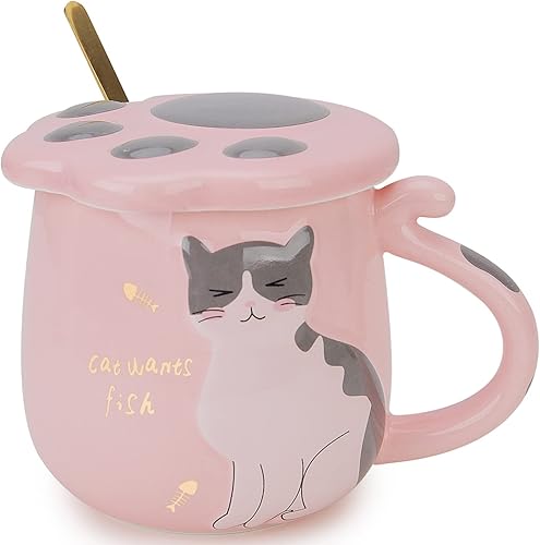 Kitchenexus Bonita taza de café con diseño de gato, taza de té de leche de cerámica con bonita tapa de gatito y cuchara de acero inoxidable para