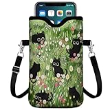 GEGEPINK Universal Phone Sleeve Pouch with Crossbody Strap 7.6 X 4.3 Inches Shockproof Water Resistant Mobile Protection Bag-Black Cat Floral Neoprene Phone Pouch Bag