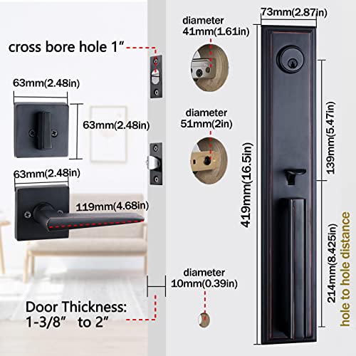 Hisafe Double Front Door Handle Set Right&Left Handed Entry Door Handle With Deadbolt, Heavy Duty, Oil Rubbed Bronze Finish, 16.5'' Length Handleset, X-2011Set #TOP4