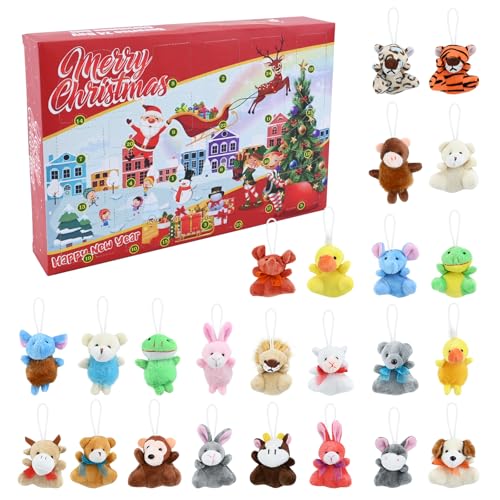 24PCS Peluches de Animales, Mini Animales Lindos de Peluche Calendario de Adviento Navidad 24 Días Cuenta Atrás Calendario de Adviento Muñecas Sets