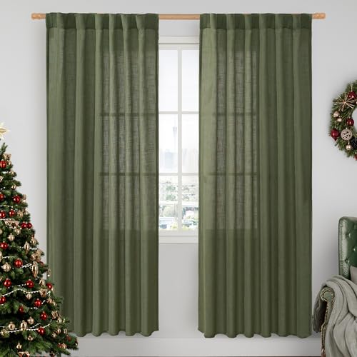 LAMIT Light Filtering Linen Curtains 80 inch for Living Room, Linen Textured Semi Sheer Back Tab and Rod Pocket Boho Modern Christmas Decor Drapes for Bedroom, Olive Green, 2 Panels, 52 x 80 Inch