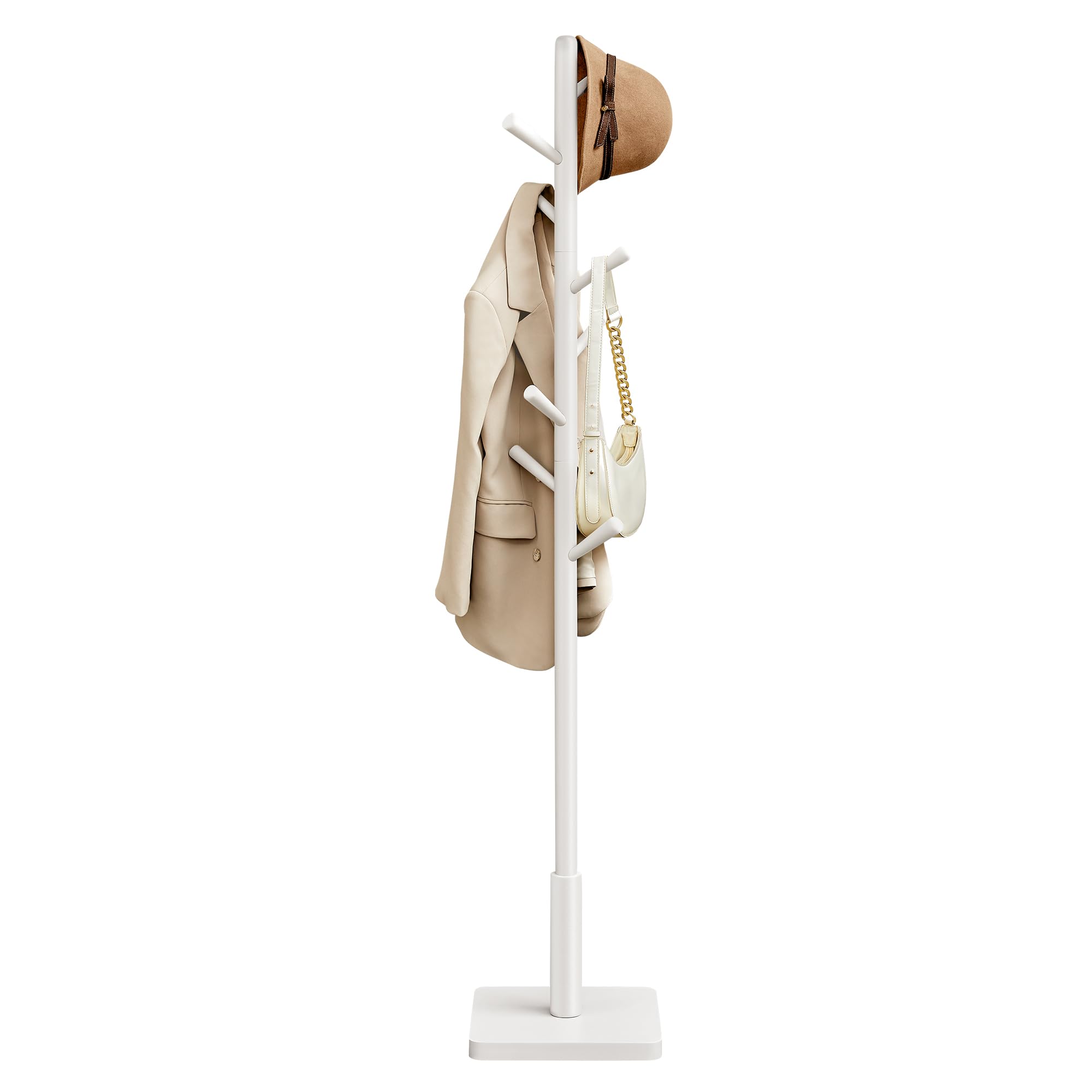 VASAGLE Coat Rack, Wooden Clothes Rack, Freestanding Stand with 8 Hooks, 3 Heights, for Coats, Hats, Bags, Entrance Porch, Hallway, in Rubber Wood, Cloud White RCR010W02