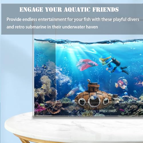 Image of Fish Tank Decorations, Aquarium Decor Thematic Ornaments, Cute Little Diver Aquarium Decoration Cartoon Fish Playmate with Submarine - Floating Aquarium Decorations (Submarine Gold)