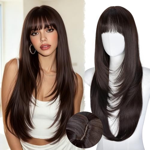 Cmorry Wig with Bangs Brown Wig for Women Realistic Scalp