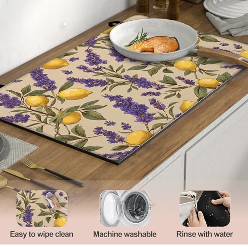 Image of Lavender Lemon Stove Top Covers Pad 28 x 20 inches Dish Drying Mat Coffee Bar Mats Kitchen Decor Absorbent Pad Fit Coffee Maker Machine Dish Drying