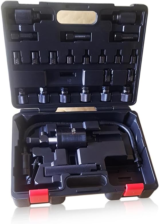Pneumatic Injector Impact Extractor, 24 Pieces, Gentle Removal of Diesel Injectors, Prevents Cylinder Head Damage, Includes 21 Adapters for Various Brands